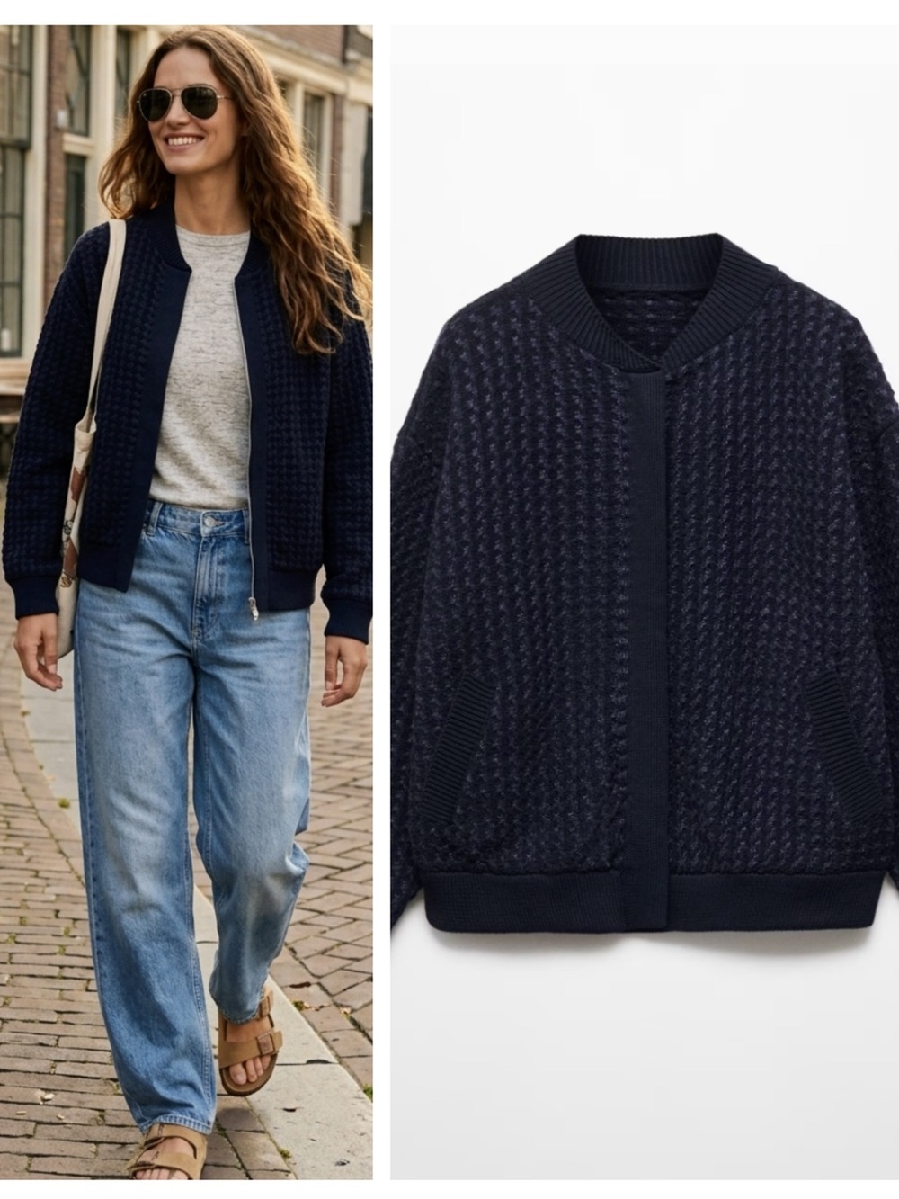 MANGO knit houndstooth bomber jacket